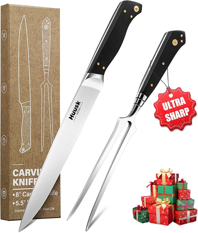 Huusk Turkey Carving Knife Set - Sharp Carving Fork & Knife for Meat, BBQ, Brisket - Japanese Slicing Knife with Elegant Box, Christmas Gifts for Men Women