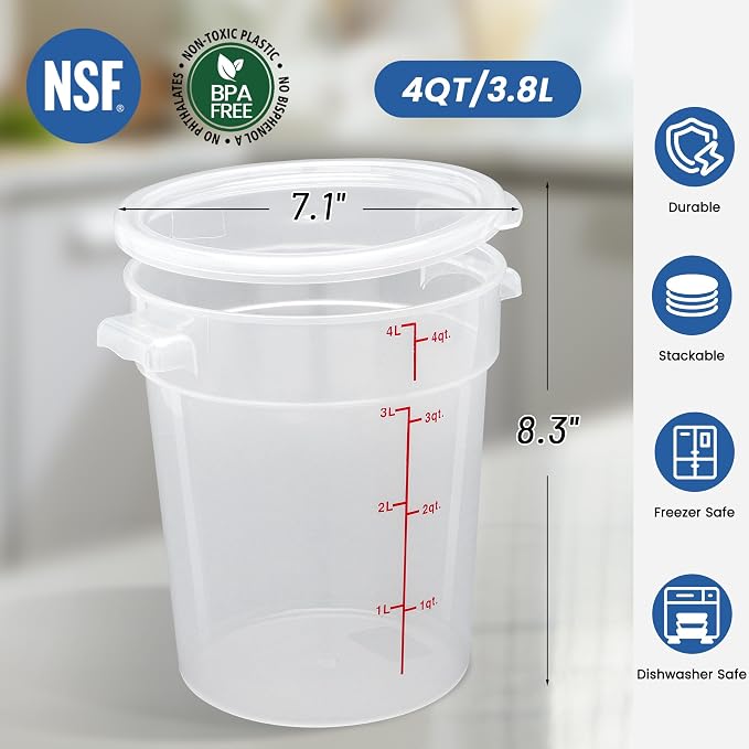 4 Pack 4QT Round Food Storage Containers with Lids | NSF, BPA-free PP containers with scale, label and measuring cup, stackable for prep, storage, freezer. Dishwasher safe