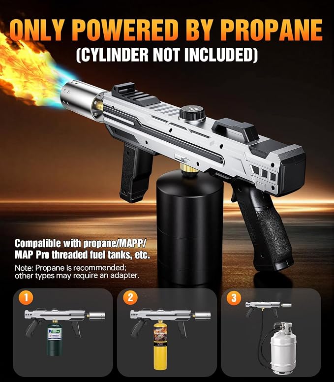 Powerful Propane Torch Gun, Kitchen cooking Torch lighter with Adjustable Flame, Flame Thrower Gun Butane Torch for Searing Steak, BBQ, Campfire, Fireplace (Tank Not Included)(Grey)