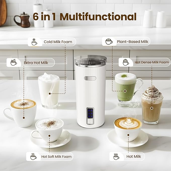 Kismile Milk Frother, 6-in-1 Electric Milk Steamer with Stainless Steel Inner Tank，Automatic Warm and Cold Foam Maker for Latte, Cappuccinos, Macchiato(White)