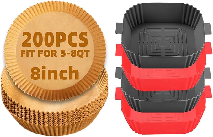 200Pcs 8inch Round Air Fryer Liners Disposable,LYHOLKEER Air Fryer Parchment Paper Liners for 5-8QT Air Fryer and 4Pcs Square Air Fryer Liners Silicone Reusable for 3 3.5 4 4.5 5 5.5 6 qt Air Fryer