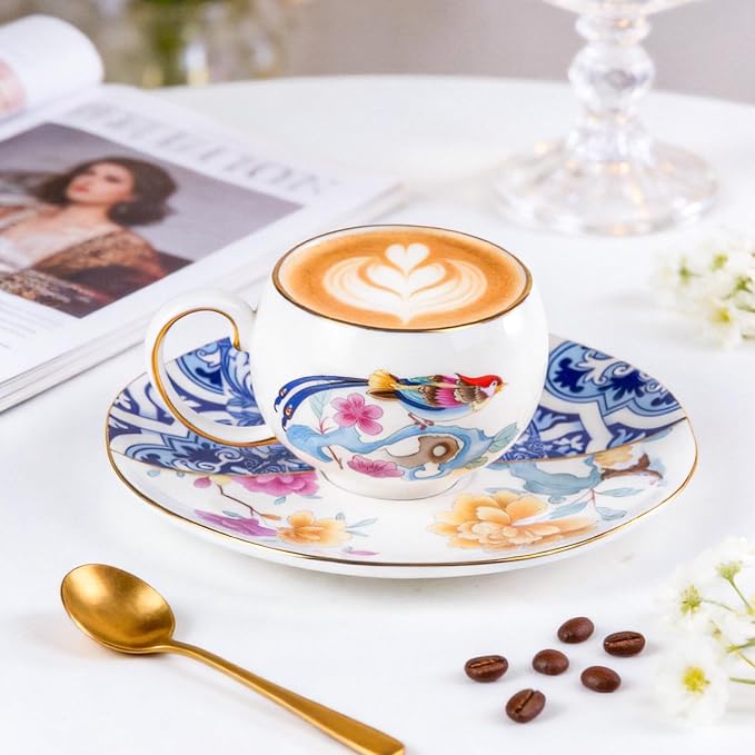 KAMMAK Tea Cups and Saucers Set of 2, Fine Bone China Coffee Cups, Stackable Espresso Mugs, Ceramic Demitasse for Coffee, Cappuccino, Latte, Americano, Tea, Blueprint of Prosperity (Medium)