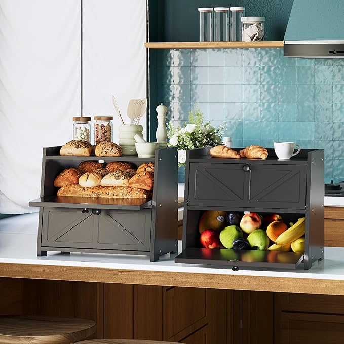 Trironsun Vintage Double Layer Bread Box for Kitchen Counter Bamboo Bread Storage Container Large Capacity Bread Storage Bin (Black)
