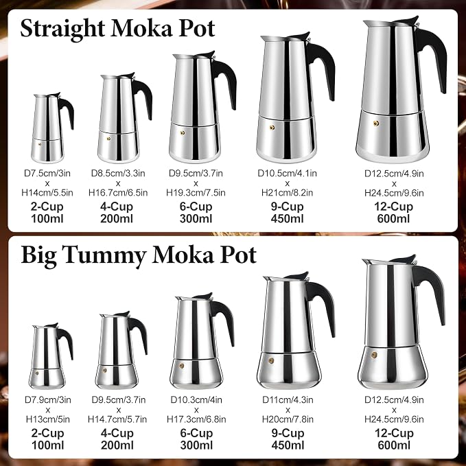 6 Cup Stainless Steel Moka Pot Stovetop Espresso Maker | Italian Coffee Machine 300ml 10oz Suitable for Gas Induction Stovetop Mocha Greca Coffee Maker Percolator Straight