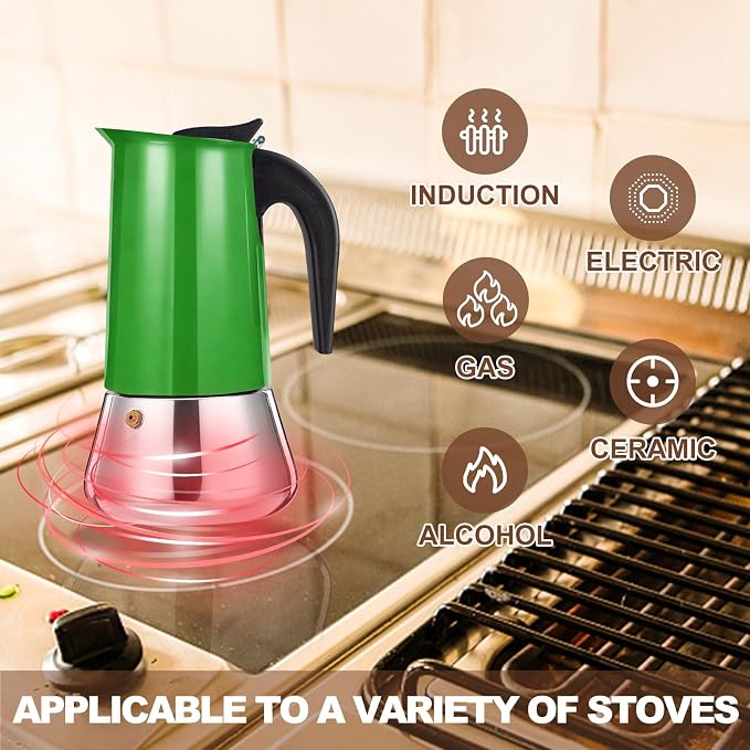 2 Cup Stovetop Espresso Maker Stainless Steel Moka Pot Stove Top Percolator Italian Coffee Makers Capable Mocha Greca Machine Cafe Classic Induction Cookers for Home and Camping 100ml 3.3oz