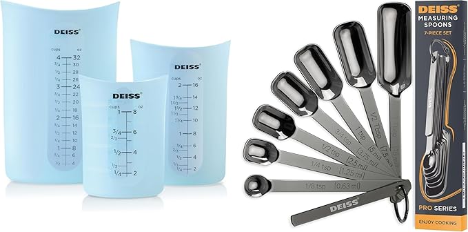 Deiss PRO 3 Piece Silicone Measuring Cup Set and Deiss PRO Heavy Duty Stainless Steel Measuring Spoons