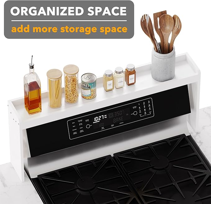SpaceAid Bamboo Over the Stove Spice Holder Shelf, 31.5" Kitchen Organizer Stove Spice Top Rack, 11.6" Height Countertop Storage, Over Oven Back Sink Organization Shelf, White