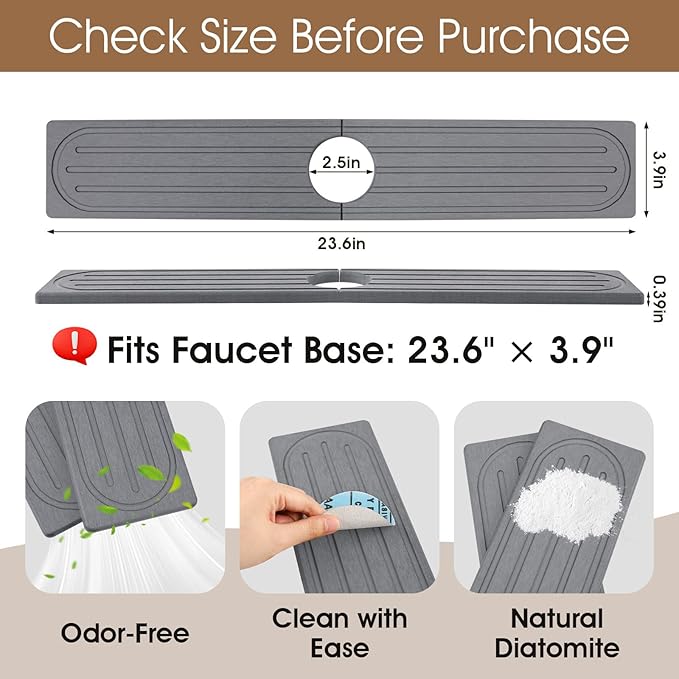 Snuggery Diatomite Faucet Mat Splash Guard - Quick Dry Stone Mat Sink Tray 23.6"x4" – Super Absorbent Non-Slip Faucet Drip Mat Around Faucet – Drying Stone Protector for Kitchen Sink Bathroom (Grey)
