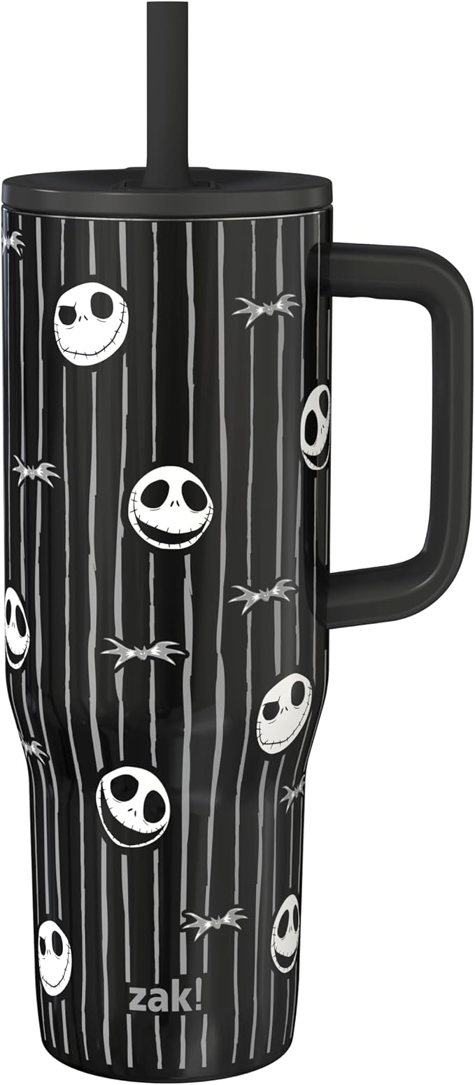 Zak Designs Disney Tim Burton's The Nightmare Before Christmas Sutton Travel Tumbler for On the Go, 30oz Stainless Steel with Vacuum Insulation and Silicone Straw for Cold Drinks (Jack Skellington)