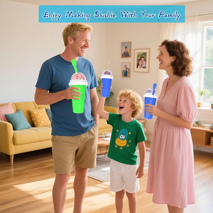 2PCS Slushie Maker Cup, Quick Frozen Magic Cups for Homemade Milk Shake Ice Cream Maker, Double Layer Squeeze Slushy Maker Cup, Birthday Gifts for Mother Father,Kids,Friends,Family (Blue+Green, 350ML)