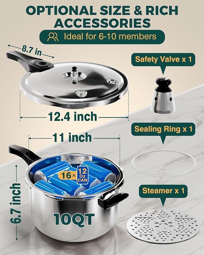 WantJoin Stainless Steel Pressure Cooker(Non-Aluminum),10 Quart Induction Compatible Pressure Cooker with Spring Valve Safeguard Devices,Compatible with Gas & Induction Cooker