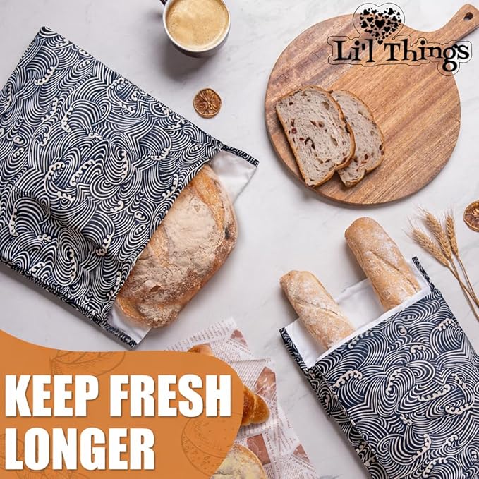 Sourdough Bread Bag – Reusable Beeswax Bread Storage Bags 2.0 (2 Sizes) for Homemade & Artisan Loaves, Cotton-Lined Bread Keeper, Plastic-Free Kitchen Storage - Japanese Araumi Waves)