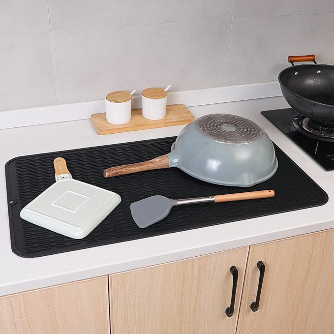 MicoYang Silicone Dish Drying Mat for Multiple Usage,Easy clean,Eco-friendly,Heat-resistant Silicone Mat for Kitchen Counter or Sink,Refrigerator or Drawer Liner Black 4XL 32 inches x 18 inches