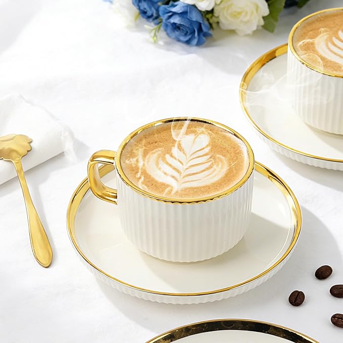 Cappuccino Cups Set of 4, 7oz Espresso Cups Set with Saucers and Sakura Spoons, Gold Trim Ceramic Coffee Tea Cups for Latte, Mocha, Au Lait, Dishwasher & Microwave Safe, Art Deco (Gold Striped/200ml)