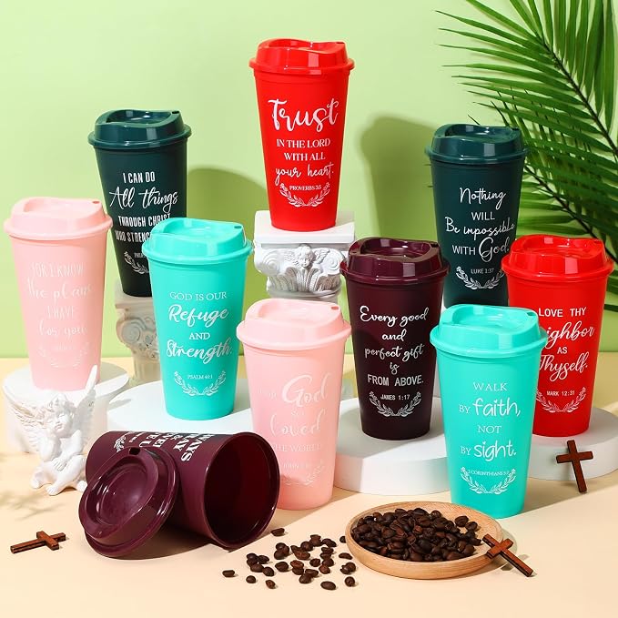 Skylety 40 Pack Bulk Christian Gifts for Men Women 16oz Reusable Bible Verse Tumbler Plastic Coffee Cup with Lid Inspirational Religious Church Gift for Teacher Graduation Party Favor (Bright Color)