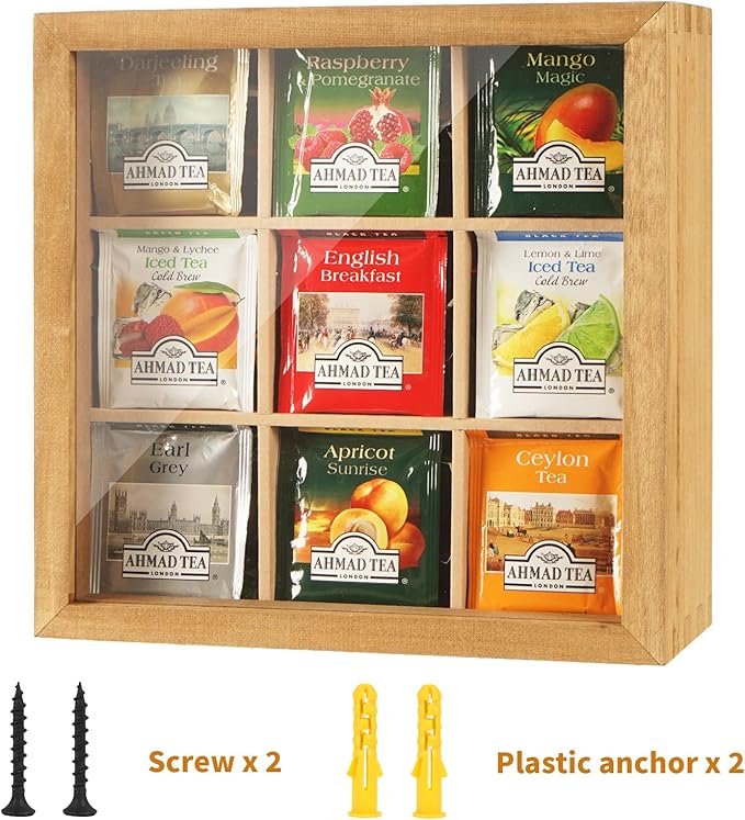 Wood Tea Bag Organizer, 9 Compartment Multi-Functional Tea Box and Storage Organizer for Tea Bags with Clear Acrylic Window