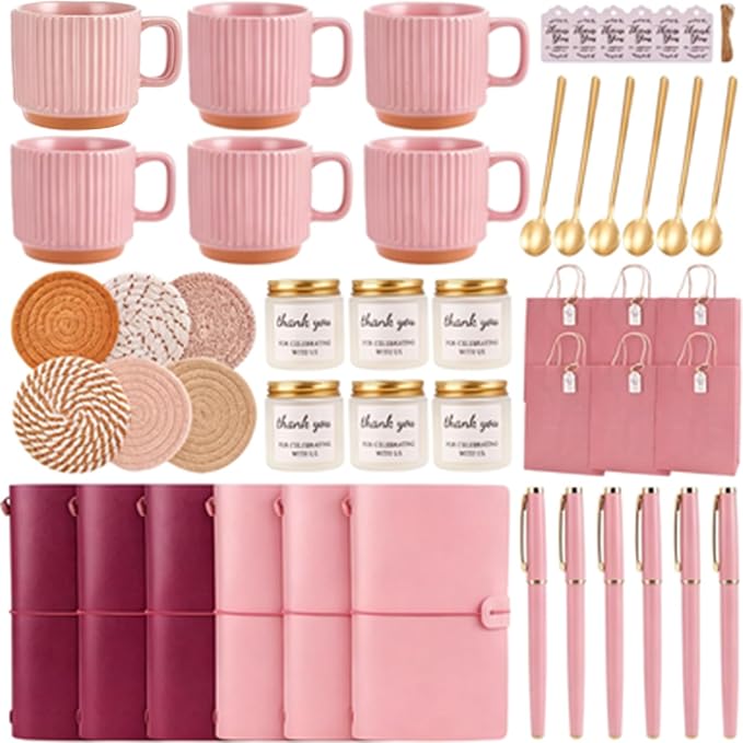 Baby Shower Prizes for Game Winners Baby Shower Games Prizes Ceramic Mugs with Metal Spoons Woven Coasters Notebooks Scented Candles Gift Bags Wedding Bridal Shower Favors for Guests (6, Pink)