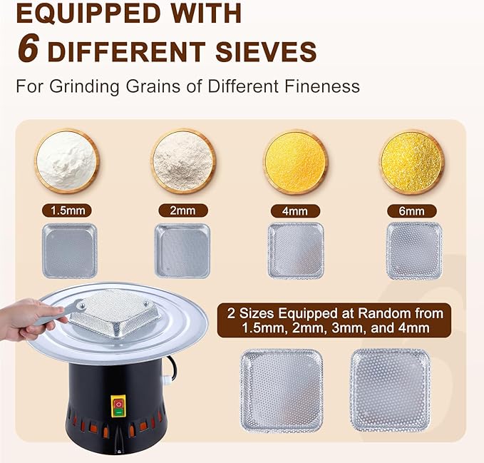 60L Grain Mill Grinder, 15.8 Gallons Electric Grain Mill Corn Grinder, 1500W Dust-Free Dry Cereals Grinders with Detachable Hopper & 6 Size Sieves for Farm Home Wheat Spice Rice Feed Flour