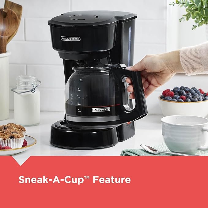 BLACK+DECKER 12-Cup Coffee Maker with Easy On/Off Switch, Easy Pour, Non-Drip Carafe with Removable Filter Basket, Vortex Technology, Black (Pack of 4)