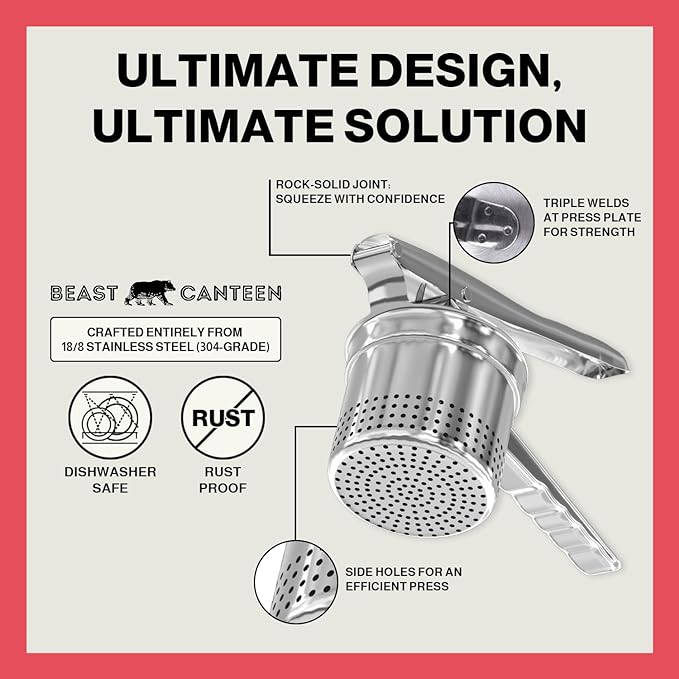 Potato Ricer - Ricer for Mashed Potatoes, Made of 18/8 Stainless Steel, Make Fluffy Smooth Mashed Potatoes & Rice Cauliflower, Vegetables, Professional Kitchen Tool, Press, Large Masher