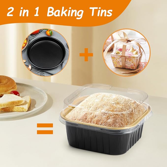 Mini Square Baking Cups with Lids, 50 Pcs 5oz Aluminum Foil Cupcake Tins with Lids, Disposable Ramekins Flan Cake Pans Tins for Souffle, Dessert, Valentine, Wedding, Party Small Cake Containers