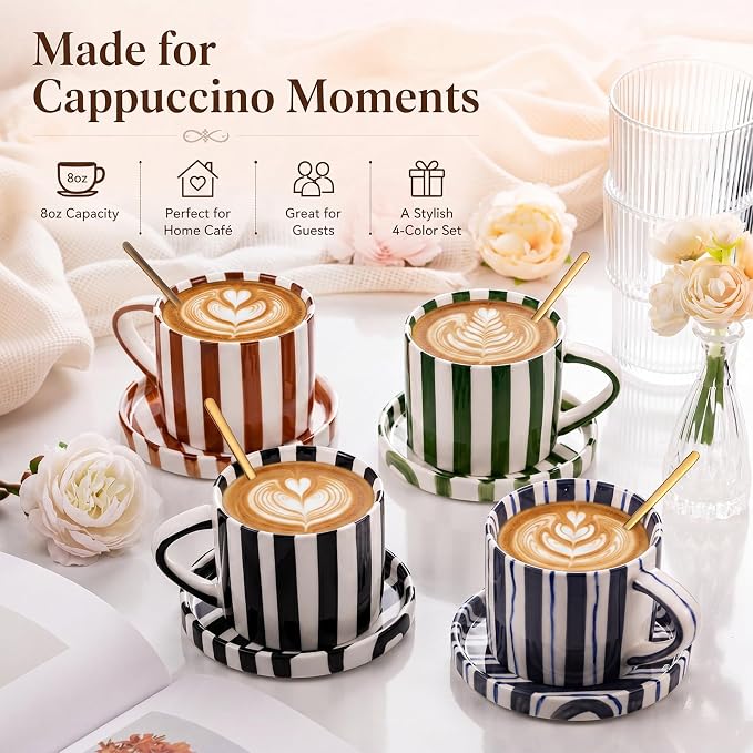 Unittype 8oz Cappuccino Cups Set of 4 with Saucer and Gold Spoons Ceramic Retro Hand Painted Striped Coffee Mugs with Handle, 4 Colors Art Cup, Dishwasher & Microwave Safe for Espresso, Latte