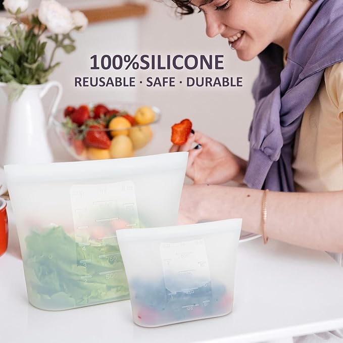 8-Pack Reusable Silicone Food Storage Bags, 100% Silicone Stand-Up Wide-Open Zip-Lock Reusable Storage Bags for Food, Freezer Microwave Oven Dishwasher Safe, Translucent, 2XL(0.8 Gallon) 2M 2S 2XS