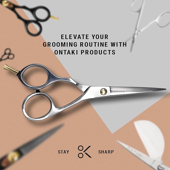 Ontaki Japanese Mustache & Beard Scissors - 5.5" 420C Steel Left Hand - Ergonomic Bent-Handle Hair Shears for Precision - Pro-Grade Blades for Barber Scissors - Beard Trimming Kit with Comb & Pouch