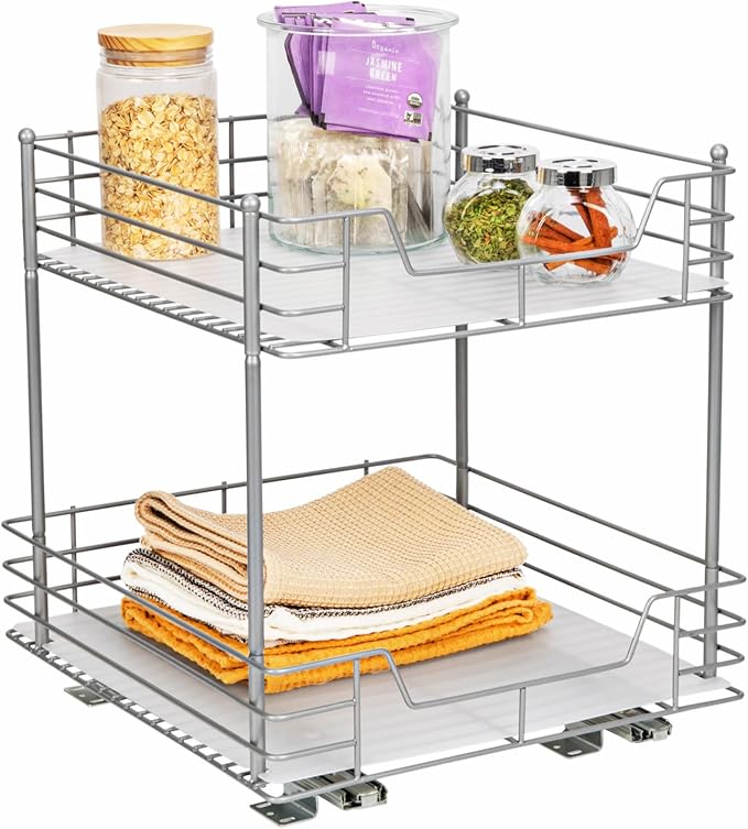 Household Essentials Glidez Steel Pull-Out/Slide-Out Storage Organizer with Plastic Liners for Under Cabinet or Wire Shelf Use - 2-Tier Design - Fits Standard Size Cabinet or Shelf, Brushed Silver