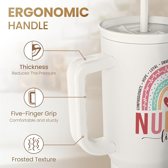 SANDJEST Nurse Tumbler with Handle 40oz, Stainless Steel Tumblers Coffee Travel Mug Cups with Straw, Nurses Appreciation Gifts for Women Female, Nursing Gift for Birthday Christmas Nurse's Week
