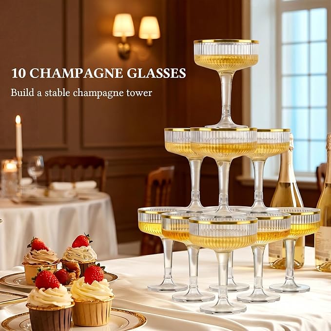 Goodluck 3-Tier Champagne Tower Glasses - 10 PCS 7oz Clear Plastic Champagne Flutes, Plastic Coupe Glasses with Vertical Stripes for Weddings, Celebrations, Parties & Birthdays(Gold Rim)