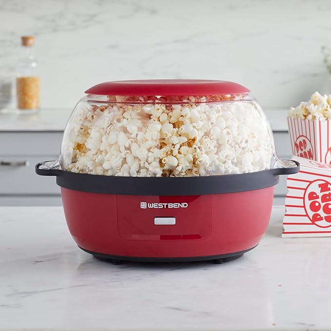 West Bend Stir Crazy Hot Oil Popcorn Popper, Popcorn Maker Machine with Large Serving Bowl Lid and Stirring Rod, 6-Qt., Red