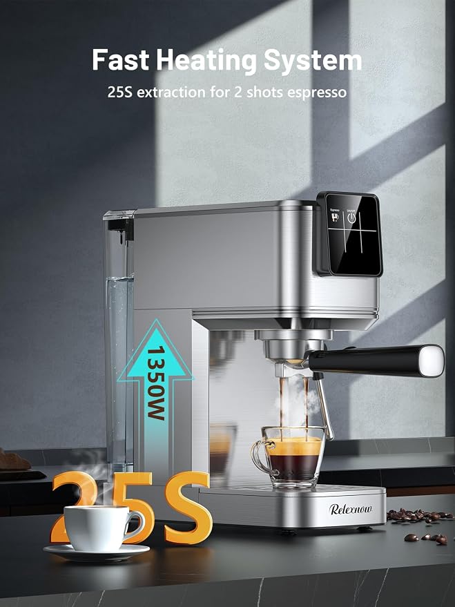 RELEXNOW Espresso Machine, 20 Bar Espresso Maker Milk Frother & LCD Panel, Hot & Iced with Rapid Cold Brew, Stainless Steel Espresso Coffee Machine with 41oz Water Tank for Cappuccino, Latte