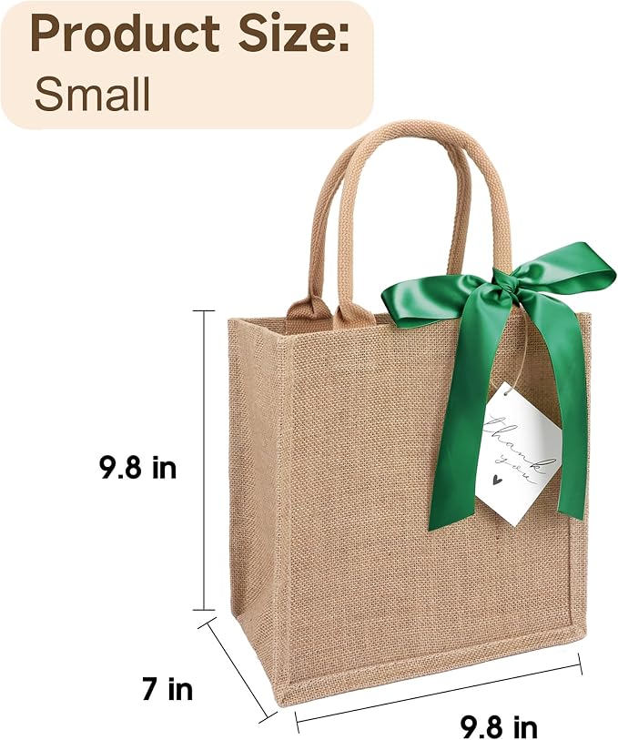 6 Pack Burlap Tote Bags with Handles Reusable Small Jute Gift Bags with Dark Green Silk Ribbons Waterproof Lining for Wedding Bridesmaid Mother's Day Bachelorette Beach Party