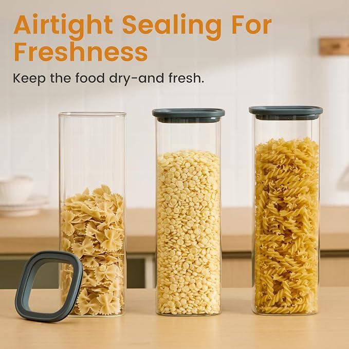 Square Glass Food Storage Jars with Lids 2.5 Qt Set of 3, Perfect for Pasta, Cookies, Nuts, Coffee, Cereal, Flour, Organize Your Kitchen with these BPA-Free Glass Jars with Lids