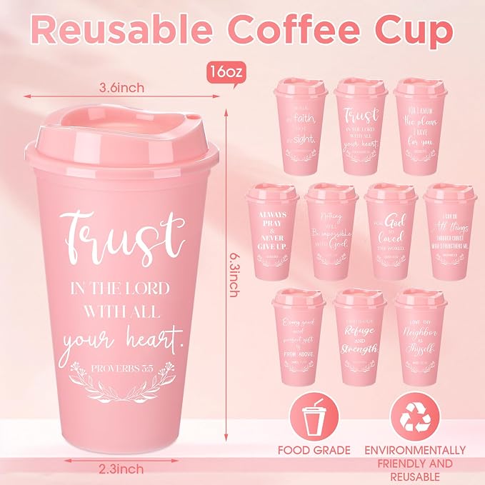Skylety 40 Pack Bulk Christian Gifts for Men Women 16oz Reusable Bible Verse Tumbler Plastic Coffee Cup with Lid Inspirational Religious Church Gift for Teacher Graduation Party Favor (Pink)
