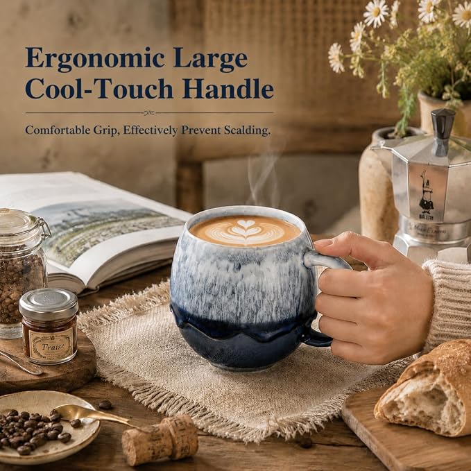 Coffee Mugs Set of 4 | 16 oz Ceramic Coffee Mugs | Lead-Free | Comfortable Handle | Microwave and Dishwasher Safe | Stoneware Latte Cups for Tea & Cappuccino| Unique Father's Day & Holiday Gifts