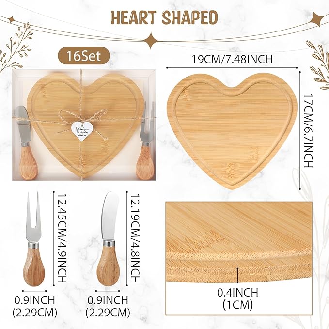 Nuogo 16 Set Wedding Bridal Shower Cheese Board Party Favors Wooden Mini Charcuterie Boards and Knives Set with Thank You Tags Bamboo Board Gifts for Guests Valentine Bridal Birthday Party(Heart)