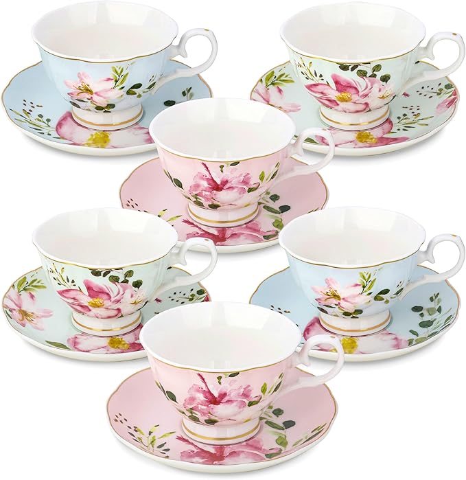 fanquare 5-Ounce Floral Tea Cups and Saucers Set of 6, Assorted Pastel Flowers Porcelain Coffee Cup with Gold Trim, Dishwasher & Freezer Safe