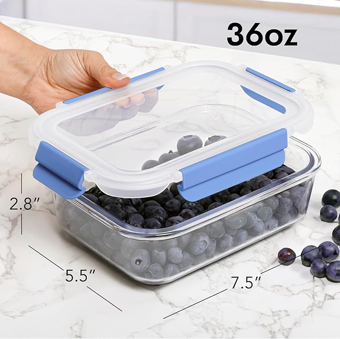 ECOBERI 4.5 Cup Glass Meal Prep Containers with Lids & Silicone Sleeves, 5-Pack Airtight, Leak-Resistant Food Storage Containers for Fridge, Freezer, Oven & Microwave