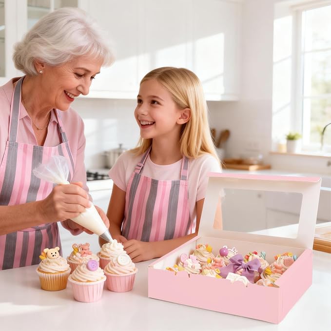 Moretoes 3PCS Cupcake Boxes with Window,Hold 12 Count Cupcake Containers for Cupcakes, Desserts, and More (Pink)