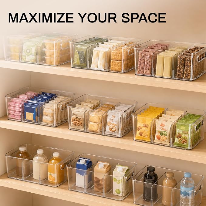 Mpotmiy 4 Pack Clear Pantry Organizers and Storage Bins with Divider, Transparent Plastic Basket, Refrigerator and Fridge Bins