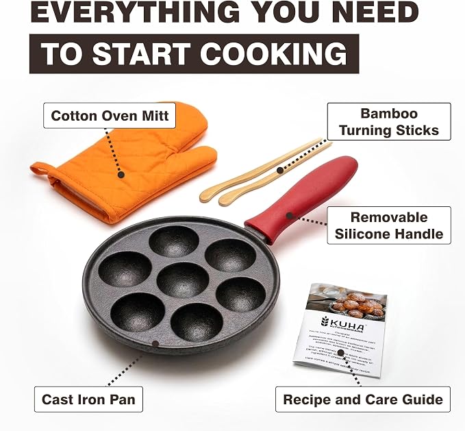 KUHA Cast Iron Aebleskiver Pan | Pre-Seasoned Pan for Authentic Danish Pancake Making, Poffertjes, Takoyaki, Appam & Paniyaram | Silicone Handle, Oven Mitt & Bamboo Skewers Included | 7.9" Diameter