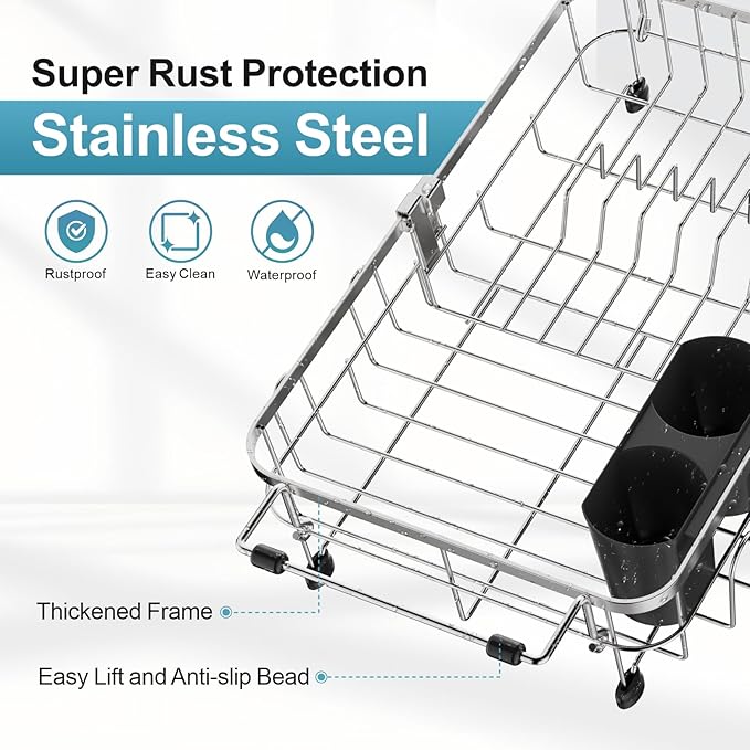 GSlife Small in Sink Dish Drying Rack - Expandable Stainless Steel Compact Over The Sink Dish Drainer with Utensil Holder for RV Kitchen Apartment, 11.2" W x 11.2"-17" L, Silver
