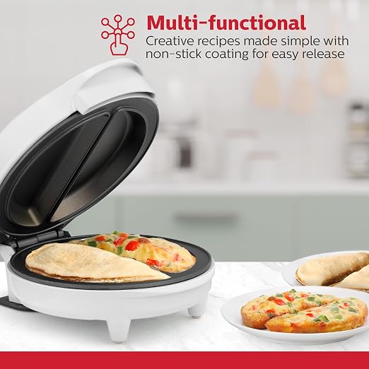 Holstein Housewares Stainless Steel 2 Section Omelet & Frittata Maker, Non Stick Coating, Easy To Clean, Indicator Lights, Compact Storage, Prepare Versatile Recipes in Minutes. 2 Portions, White