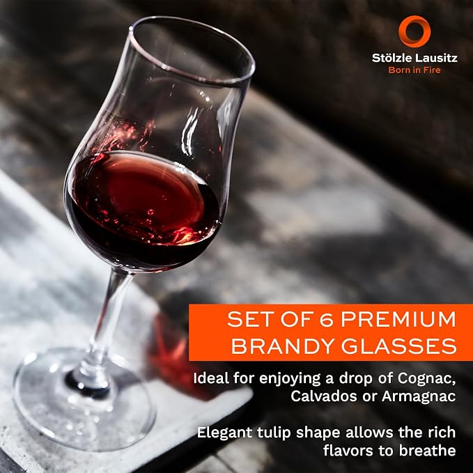 Stölzle Lausitz Set of 6 Brandy Glasses (CLASSIC). Dishwasher Safe Liqueur Glasses (6.25 Fl oz). Durable Bourbon Snifter Glass - Genuine Stölzle Glassware