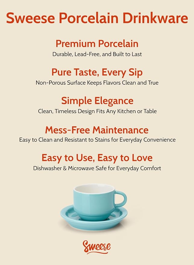 Sweese 2.5 Ounce Porcelain Stackable Espresso Cups with Saucers and Metal Stand Set of 4, Turquoise