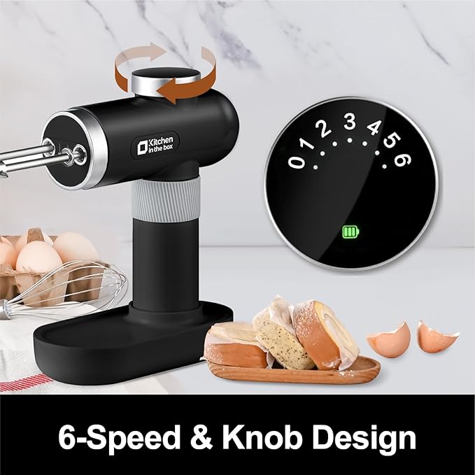 Kitchen in the box Cordless Rechargeable Hand Mixer for Kitchen, Portable Handheld Electric Mixer with Beaters, Whisks, 6-Speed Digital Display, Charging Base and USB-C Charge Cable (Classic Black)