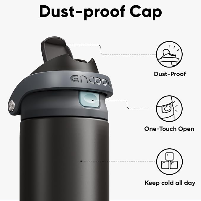 ENCOOL Leakproof Insulated Water Bottle with Straw Dual-Sip Water Bottle Bag-Safe Design for Work, Commute & Gym – Keeps Drinks Cold All Day, 40 oz, Charcoal Gray