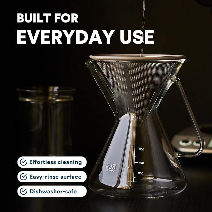 ovalware Pour Over Coffee Maker Set | 17oz / 0.5L Borosilicate Carafe with 304 Stainless Steel Filter and Precision Measuring Cup | Glass Coffee Dripper for Home Brewing
